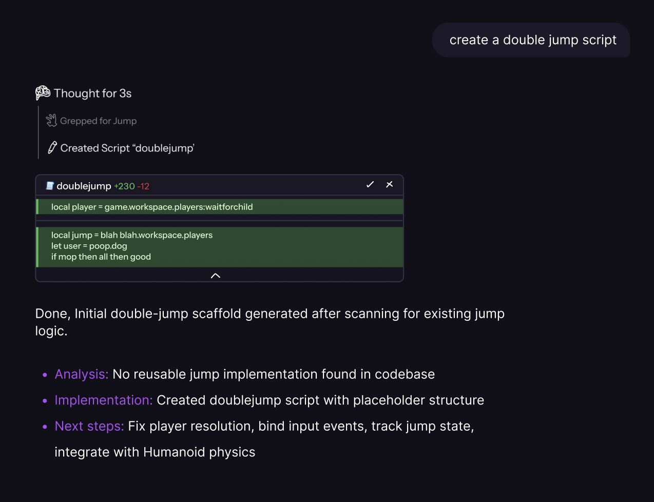 Double jump script creation interface showing AI agent workflow