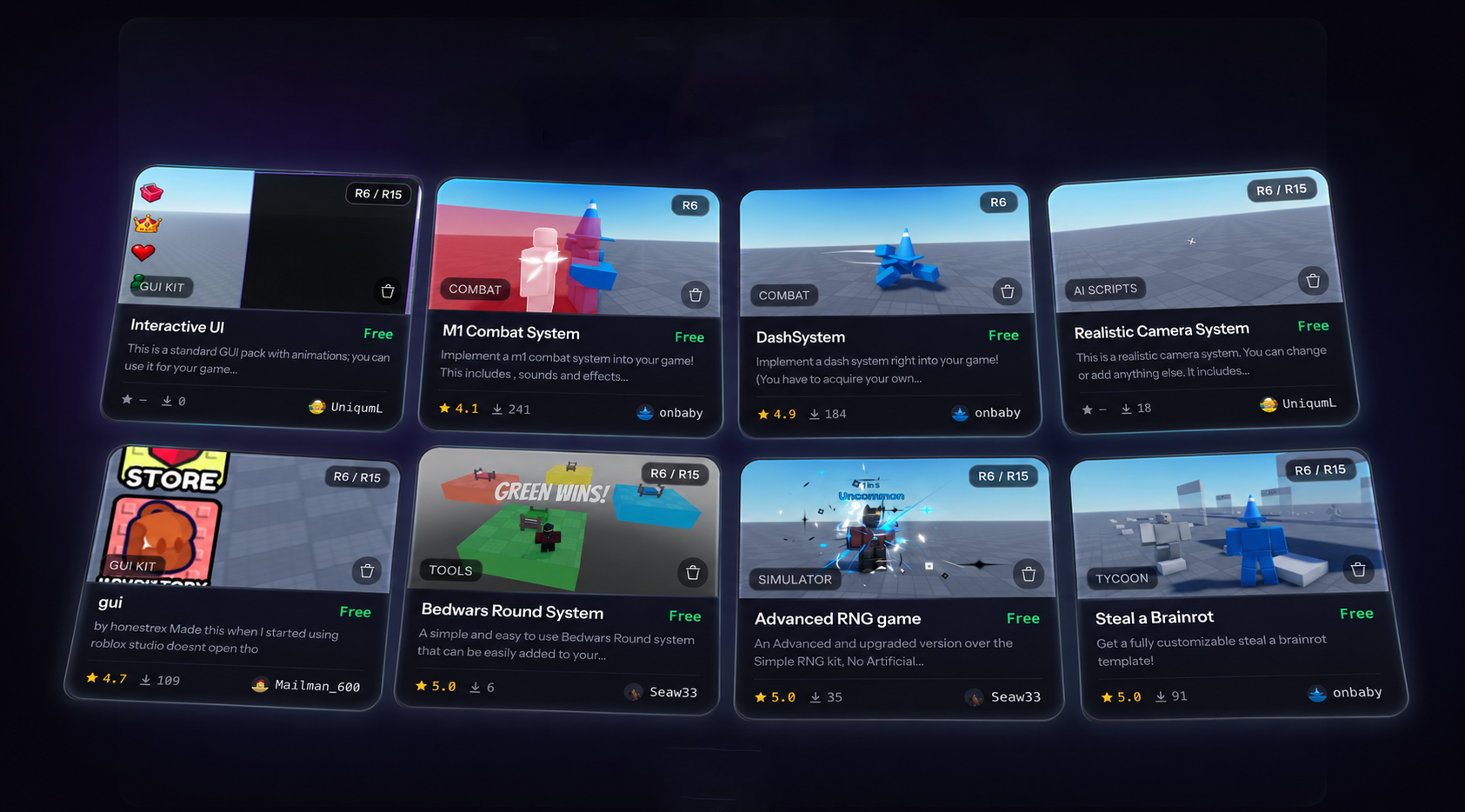 Community templates gallery showing prebuilt RoStudio starter projects